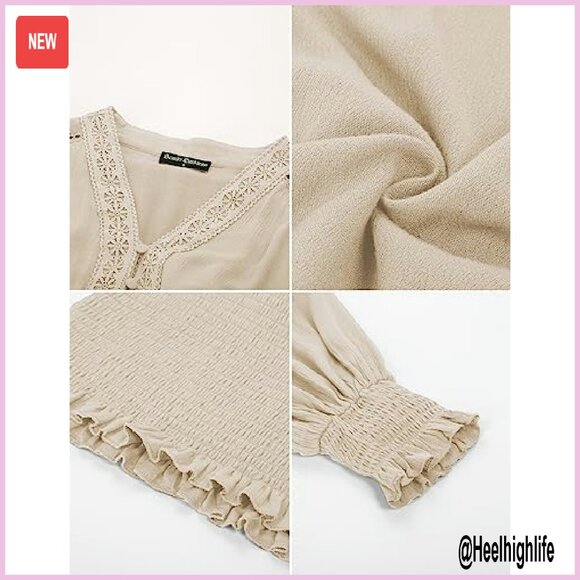 Renaissance Boho Blouse Long Sleeve V Neck Smocked Peasant Top - Picture 6 of 8